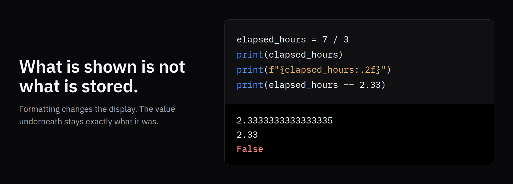 Code that divides 7 by 3, then prints the value, the value formatted to two decimal places, and whether it equals 2.33. The output reads 2.3333333333333335, 2.33, and False
