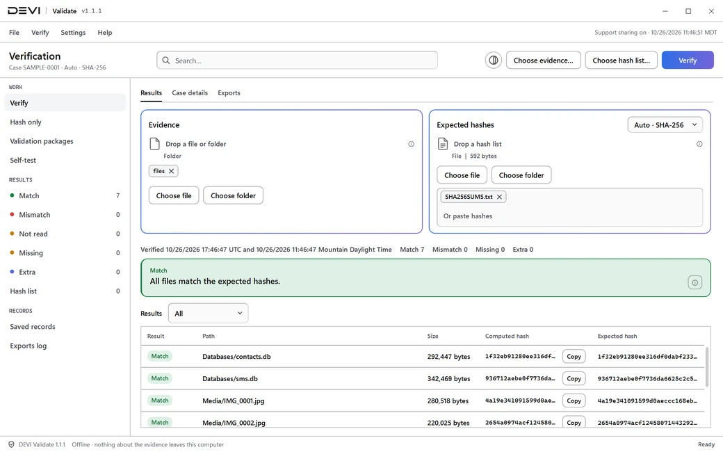 DEVI Validate verification screen