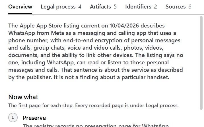 DEVI Registry record overview for an app