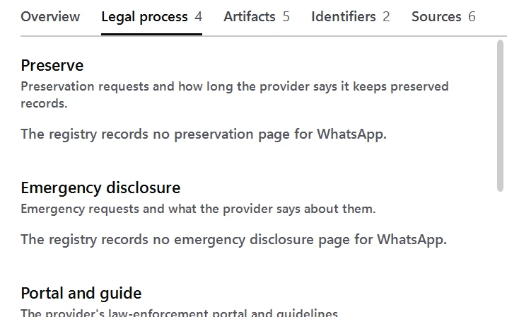 DEVI Registry legal process pages for an app