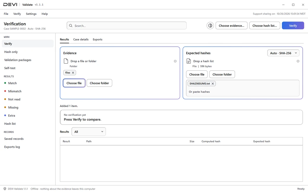 DEVI Validate with an evidence folder and a hash list added