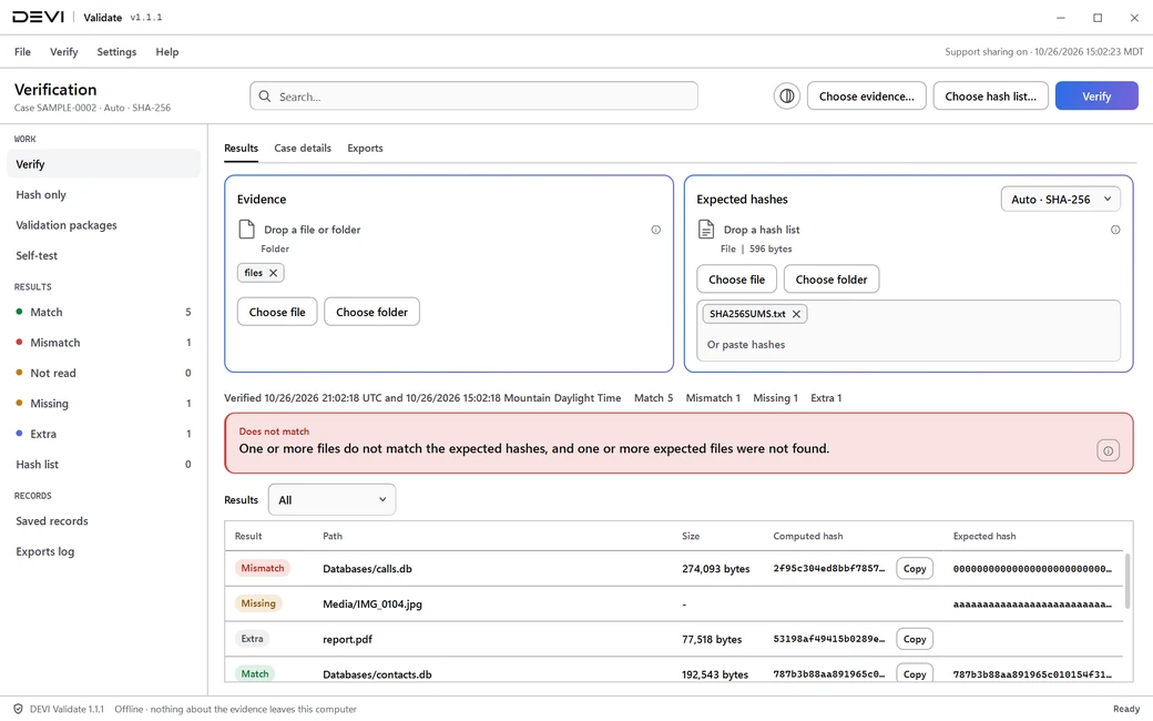 DEVI Validate comparison with Match, Mismatch, Missing and Extra results